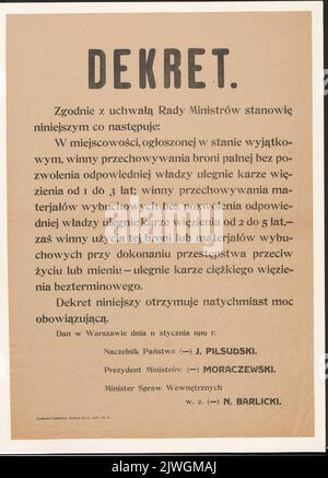 Decreto firmato dal Capo dello Stato polacco, Józef Piłsudski, Presidente del Gabinetto dei Ministri Jędrzej Moraczewski e Ministro degli interni Norbert Barlicki, che stabilisce le sanzioni per il possesso e l'uso di armi da fuoco ed esplosivi in loco?????????????????? . Drukarnia Państwowa (Warszawa ; 1918-1939), tipografia Foto Stock