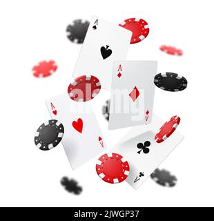 Carte da poker e chip volanti. Gioco d'azzardo del casinò. Vettore con quattro assi e pezzi rotondi che cadono su sfondo bianco. 3d carte da poker per scommesse casinò online, vincite, jackpot, giochi d'azzardo Illustrazione Vettoriale