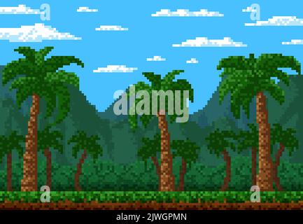 Giungla foresta 8 bit pixel livello di gioco paesaggio con palme, vettore cartoon sfondo. 8bit pixel arte o arcade video gioco sfondo di alberi di palma foresta pluviale, montagne di natura tropicale isola Illustrazione Vettoriale