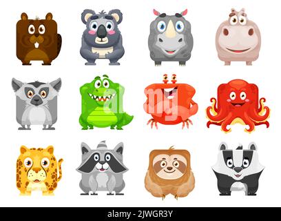 Cartoon kawaii facce quadrate di animali. Castoro vettoriale isolato, koala, rinoceronte e ippopotamo. Lemuri, coccodrilli, granchi e polpi, leopardi e raccoon, sciabola e badger personaggi divertenti Illustrazione Vettoriale