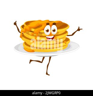 Personaggio dei Cartoon pancake con miele. Divertente personaggio di dessert vettoriale da forno con il viso sorridente che ondita le mani. Dolci di pasticceria fatti in casa o kawaii, pasticceria positiva con farcitura Illustrazione Vettoriale