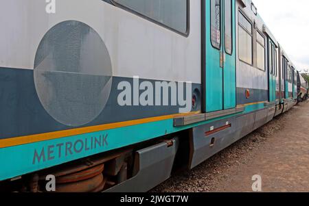 Tram originale Manchester Metrolink 1023 AnsaldoBreda T-68, in conservazione a Crewe, Cheshire, Inghilterra, UK, CW1 - Light Rapid Transit System Foto Stock