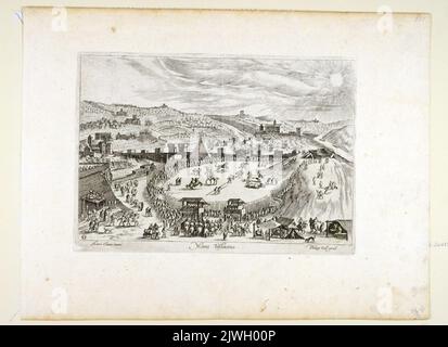 Veduta del Monte Testaccio a Roma (tumulo artificiale composto da anfore spezzate); al centro della composizione, sul campo di battaglia, cavalieri e pedoni con animali, circondati da spettatori. Galle, Theodor (1571-1633), artista grafico, Galle, Philips (1537-1612), Artista grafico, Cleve, Hendrick van, III (ca 1525-1589), disegnatore, cartoonista Foto Stock