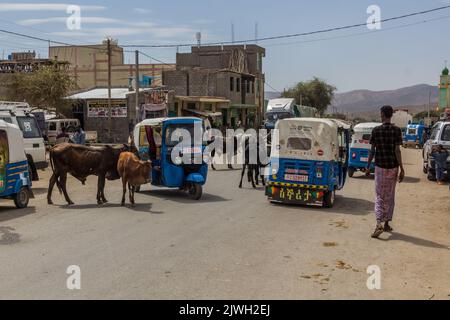 DANAKIL, ETIOPIA - 25 MARZO 2019: Tuk tuk (bajaj) e mucche in un villaggio nella regione di Afar, Etiopia. Foto Stock
