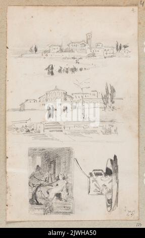 Varia: Tre studi di paesaggi con edifici in Italia, studio di composizione di un dipinto, tazza e piattino con un cucchiaio, pagina da un libro di disegno. Czachórski, Władysław (1850-1911), disegnatore, cartoonista Foto Stock