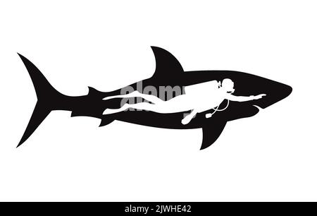 Un'illustrazione di un subacqueo accanto a immagini di stock vettoriali di silhouette di squalo Illustrazione Vettoriale