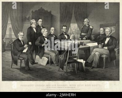 Il presidente Lincoln e il suo gabinetto, con il tenente generale Winfield Scott che era il comandante dell'esercito americano all'inizio della guerra civile. Foto Stock