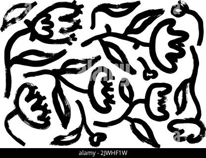 Fiori neri astratti in una collezione di stile ingenuo. Illustrazione Vettoriale