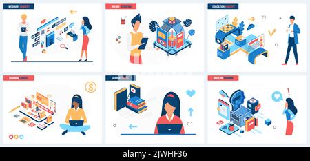 Formazione online, servizio video per webinar, illustrazione vettoriale del set di lezioni digitali. La gente del cartone animato studia alla scrivania con il laptop, concetto futuro della macchina per il banner, disegno di Web site o pagina di Web di atterraggio Illustrazione Vettoriale