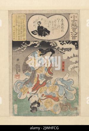 Coppia di volpi in forma umana; poesia del consigliere Masatsune; stampa 94 della serie: Ogura nazorae hyakunin isshu (imitazioni di cento poesie da cento poeti). Utagawa, Kuniyoshi (1798-1861), artista grafico Foto Stock