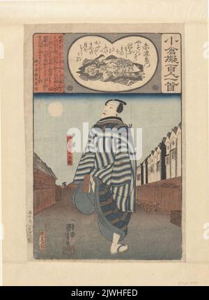 Yaoya Hanbei che corre lungo la strada; poesia di Akazome emon; stampa 59 dalla serie: Ogura nazorae hyakunin isshu (imitazioni di cento poesie da cento poeti). Utagawa, Kuniyoshi (1798-1861), artista grafico Foto Stock