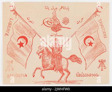 Busta con slogan di liberazione e immagine del sultano Abdülhamid II a cavallo. Ignoto, grafico artista Foto Stock