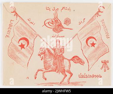 Busta con slogan di liberazione e immagine del sultano Abdülhamid II a cavallo. Ignoto, grafico artista Foto Stock