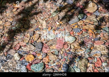 Arcobaleno rocce multicolore nel torrente delle valanghe che conduce verso il lago McDonald al Glacier National Park, Montana, USA Foto Stock