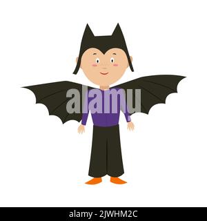 Un ragazzo in costume da pipistrello per Halloween. Un bambino in costume da carnevale. Illustrazione vettoriale in stile piatto Illustrazione Vettoriale