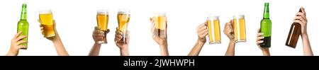 Set di mani con birra su sfondo bianco Foto Stock