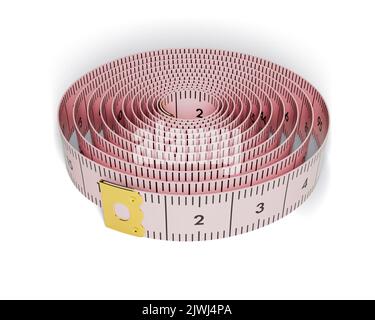 Un nastro graduato taylors rosa con misure avvolte a forma di bobina su sfondo chiaro - rendering 3D Foto Stock