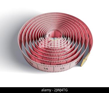Un nastro graduato taylors rosa con misure avvolte a forma di bobina su sfondo chiaro - rendering 3D Foto Stock