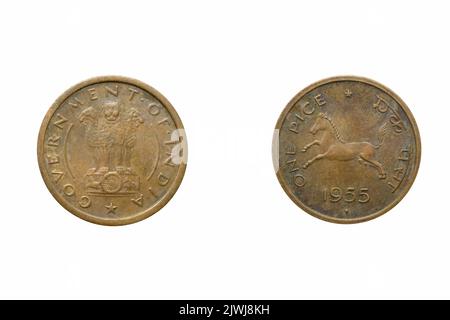 India 1 pidocchi 1950-1955 moneta di bronzo davanti e dietro, India - British Quarter Anna - George VI Foto Stock