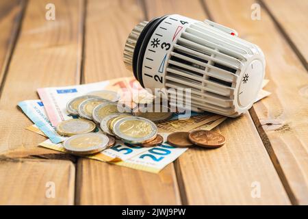 Testa della valvola termostatica e moneta in euro sul tavolo di legno. Concetto di aumento dei prezzi del riscaldamento. Foto Stock