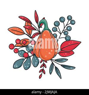 Composizione autunnale con elementi decorativi graziosi e accoglienti. Creativa disegnata a mano con fogliame di zucca e bacche. Vettore di caduta isolato Illustrazione Vettoriale