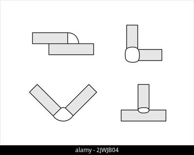 Saldatura di diversi tipi di collegamenti. Collegamenti paralleli, perpendicolari, saldati a T di lamiere di acciaio. Illustrazione piatta vettoriale. Illustrazione Vettoriale