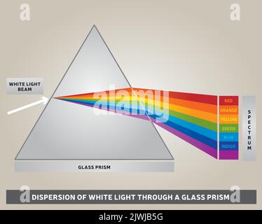 Dispersione della luce bianca attraverso un prisma di vetro - diagramma - vettore - colori arcobaleno - raggi di luce Illustrazione Vettoriale