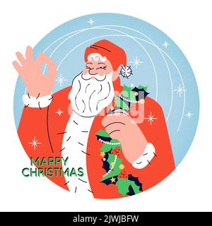 Carta di Natale con carino Babbo Natale ha sollevato una mano e mostra OK. Buon Natale e felice anno nuovo saluto. Illustrazione vettoriale Flat Art Illustrazione Vettoriale