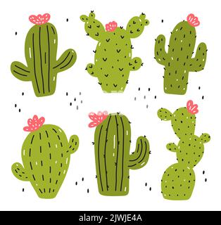 Set di simpatici cactus isolati su sfondo bianco. Illustrazione vettoriale in stile piatto disegnato a mano. Perfetto per carte, logo, decorazioni, disegni vari. B Illustrazione Vettoriale