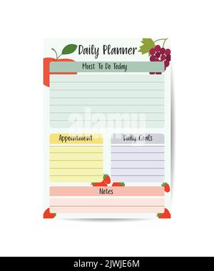 semplice e semplice elenco di cose da fare stampabile. Pianificatore quotidiano con illustrazione carina del vettore di stile piatto di frutta di estate Illustrazione Vettoriale