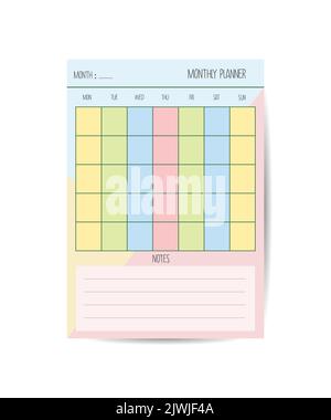 Modello mensile pianificatore minimalisti pianificatori pagina organizzatore disegno vettoriale Planner modello vuoto. Illustrazione Vettoriale