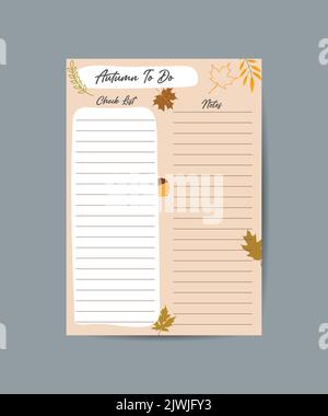 Per fare modello pianificatore lista di controllo giornaliera accogliente vibes autunno elementi organizer alla moda autunno Illustrazione Vettoriale