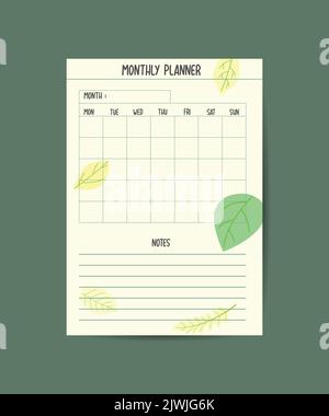 Modello mensile pianificatore minimalisti pianificatori pagina organizzatore disegno vettoriale Planner modello vuoto. Illustrazione Vettoriale