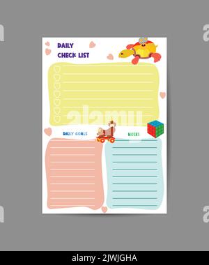 Modello di pianificazione attività. Elenco di controllo giornaliero. Organizzatore e programma con luogo per le note. Illustrazione vettoriale con elementi Kids. Carino e alla moda Illustrazione Vettoriale