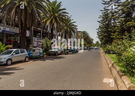 BAHIR DAR, ETIOPIA - 2 APRILE 2019: Viale costeggiato da palme a Bahir Dar, Etiopia Foto Stock