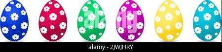 Set vettoriale di uovo di Pasqua. Uova colorate con motivi floreali su sfondo bianco isolato. Sei semplici uova di Pasqua felici con ombra inferiore. Illustrazione Vettoriale