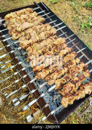 Cottura dello shish kebab sulla griglia. Processo di cottura della carne alla griglia. Barbecue. Primo piano. Messa a fuoco selettiva. Foto Stock