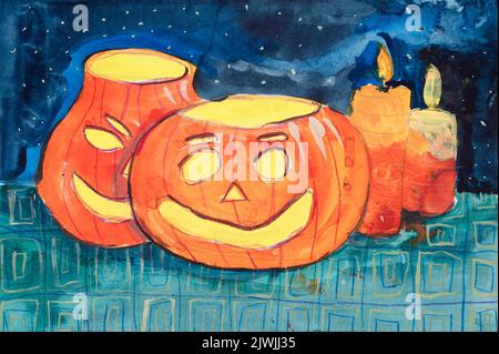 disegno acquerello fai da te per bambini su carta testurizzata - due zucche halloween jack o'lantern e candele illuminate in casa notte. bambini arte pittura fatta a mano Foto Stock