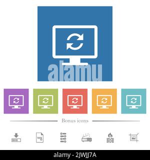 Aggiorna le icone bianche piatte dello schermo su sfondi quadrati. 6 icone bonus incluse. Illustrazione Vettoriale