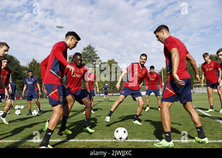 Amsterdam, Paesi Bassi. 6 settembre 2022, AMSTERDAM - (lr) Edson Alvarez di Ajax, Calvin Bassey di Ajax, Florian Grillitsch di Ajax, Jorge Sanchez o Ajax durante la sessione di formazione precedente alla partita della Champions League tra Ajax Amsterdam e Rangers FC presso il complesso sportivo di Toekomst il 6 settembre 2022 ad Amsterdam, Paesi Bassi. ANP MAURICE VAN STEEN Foto Stock