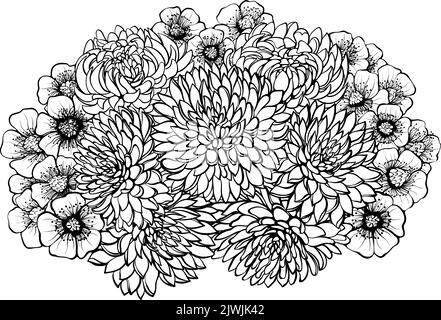 Bouquet di crisantemi e coppette di linea arte Illustrazione Vettoriale