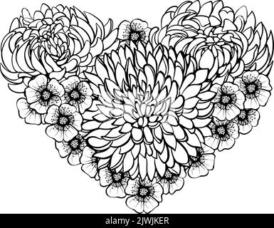 Bouquet in forma di cuore linea arte Illustrazione Vettoriale