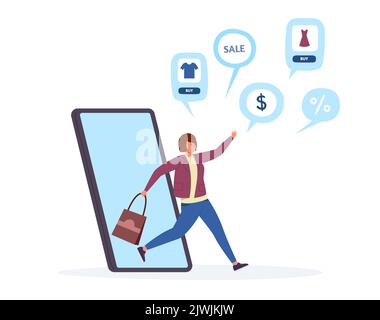 App per lo shopping online per smartphone, donna che fa shopping Illustrazione Vettoriale