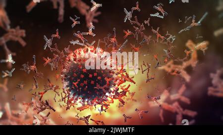 Anticorpi nel sangue. Vaccino. Produzione di anticorpi. L'immunità combatte l'infezione virale. 3D illustrazione, pandemia, epidemia, virus e loro mutazioni Foto Stock