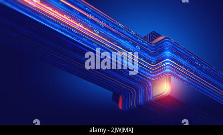 Cyber hi-tech. Flusso di big data futuristico. Movimento del flusso di dati digitali. Illustrazione del canale di trasmissione dati 3D. Presentazione dell'analisi aziendale Foto Stock
