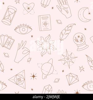 Motivo esoterico senza giunture. Icone magiche simboli minimalisti, pianeti, mani e cristalli, carte e occhi. Illustrazione del vettore lineare disegnato a mano Illustrazione Vettoriale