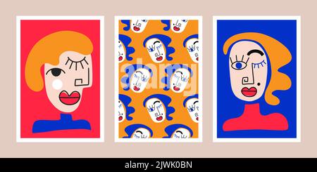 Surrealistic Abstract Donna faccia Set Illustrazione Vettoriale