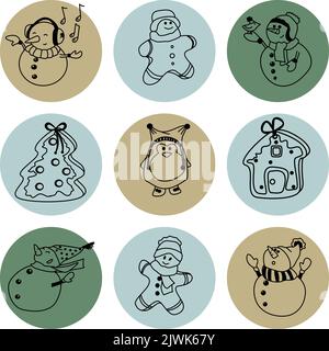 Set di elementi disegnati a mano di natale e inverno doodle in vettore. Collezione festiva isolata su sfondo bianco. Design per icone, pulsanti, feste Illustrazione Vettoriale