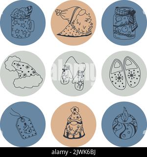 Set di elementi disegnati a mano di natale e inverno doodle in vettore. Collezione festiva isolata su sfondo bianco. Design per icone, pulsanti, feste Illustrazione Vettoriale