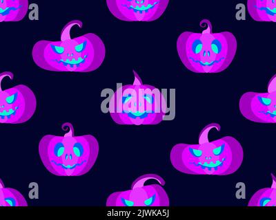 Motivo di Halloween senza cuciture con zucche viola su sfondo nero. La zucca si illumina di blu. Faccia di zucca di Halloween intagliata. Progettazione di PR promozionali Illustrazione Vettoriale
